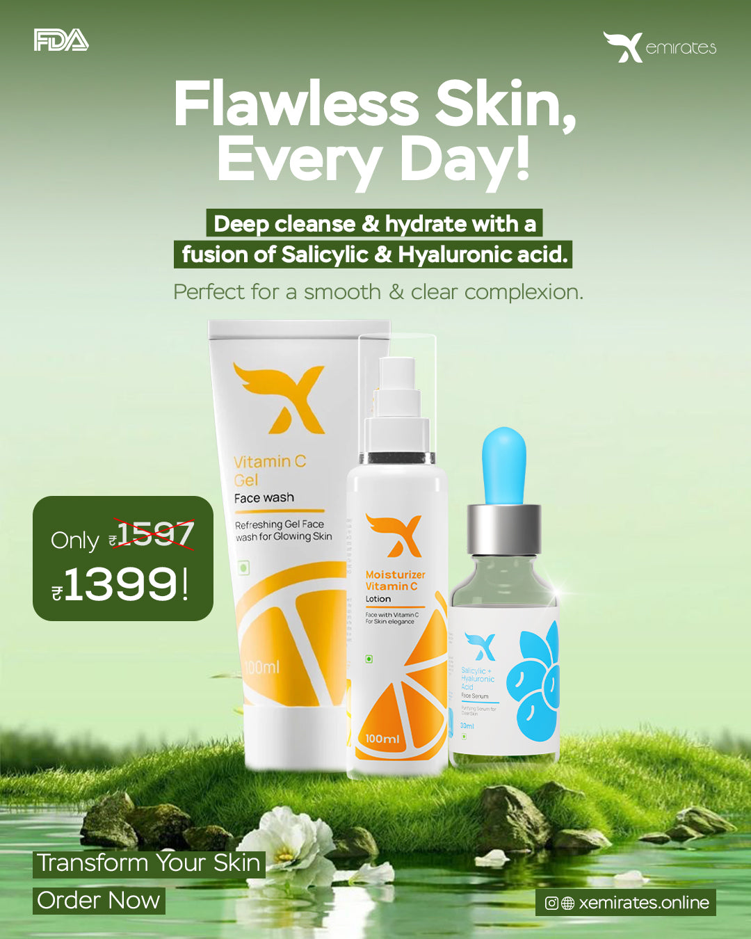 Moisturiser + (Salicylic + Hyaluronic Serum) + VIT'C Gel Face Wash