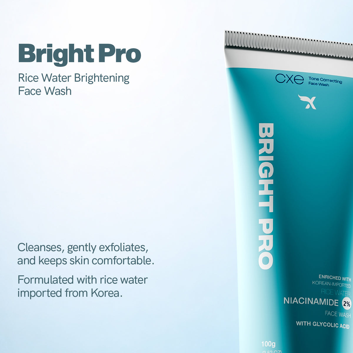 Bright Pro Rice Water Brightening Face Wash packaging on a light blue background