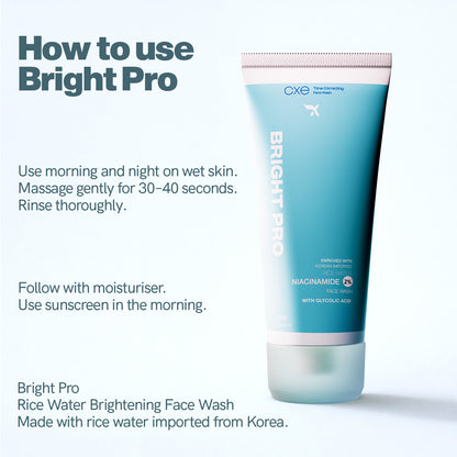 Blue tube of Bright Pro face wash with usage instructions on a white background