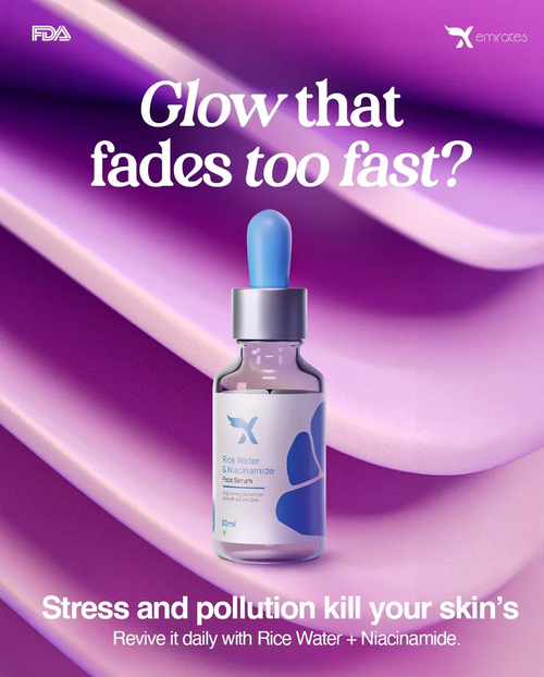 Skincare serum bottle with dropper on a purple background, featuring the Emirates X brand.