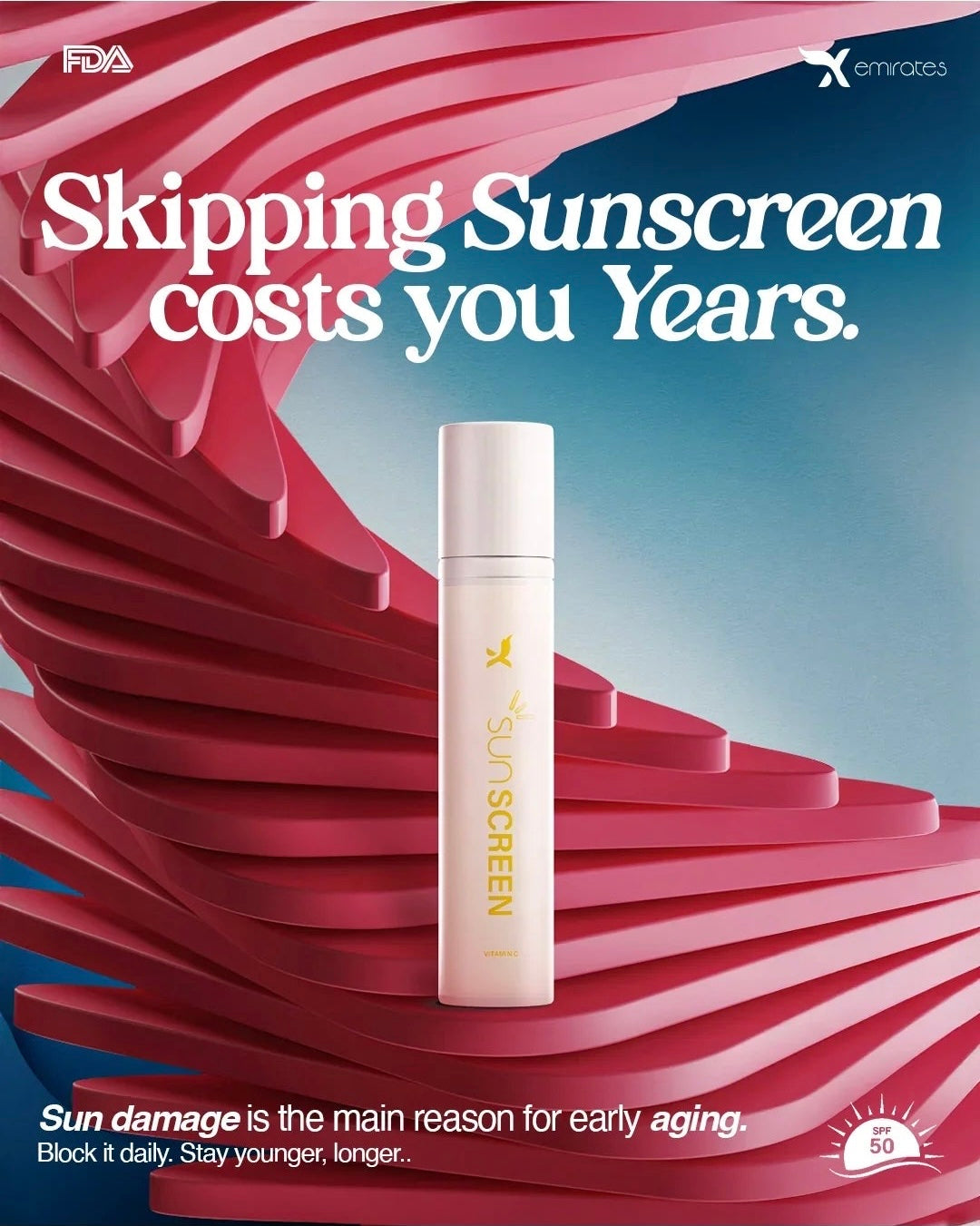 Advertisement for sunscreen with a bottle on a wavy red and blue background, featuring the Emirates logo.