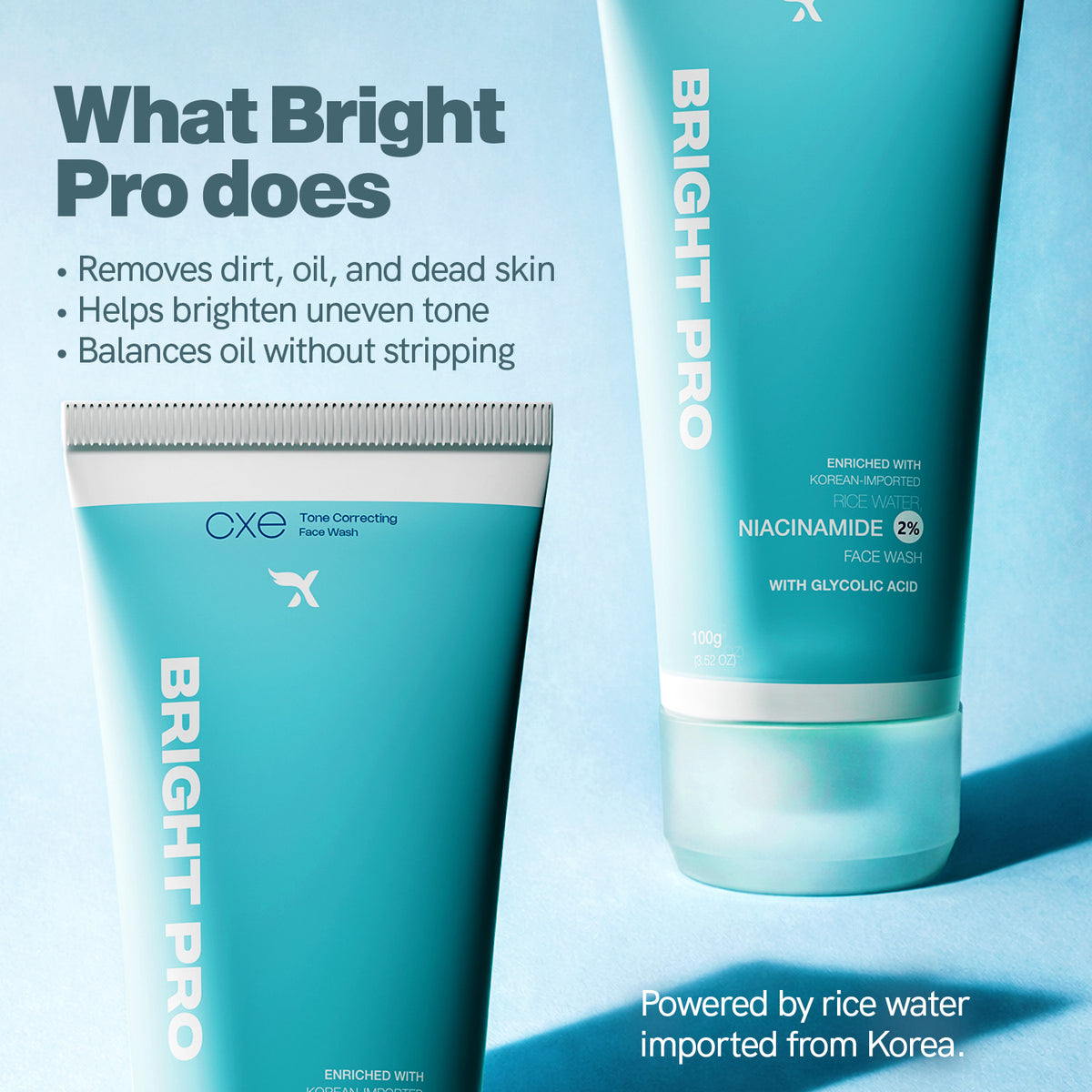 Two bottles of Bright Pro face wash on a light blue background with product details.