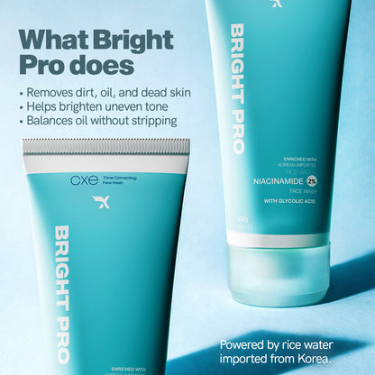 Two bottles of Bright Pro face wash on a light blue background with product details.