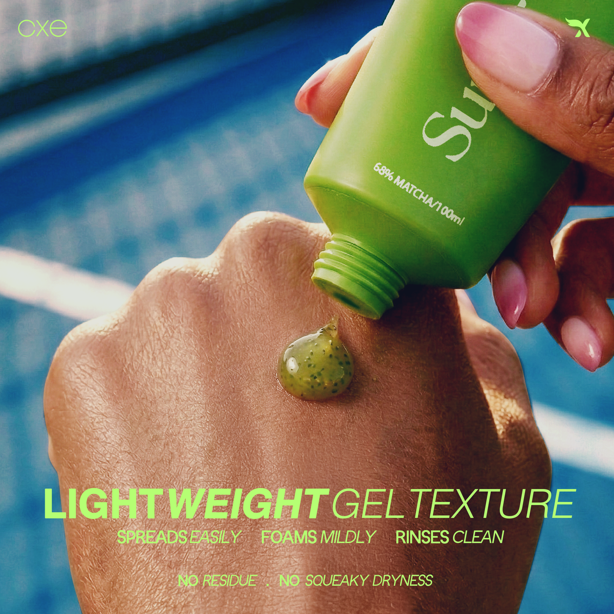 CXE Super Matcha Face Wash green tube with water droplets