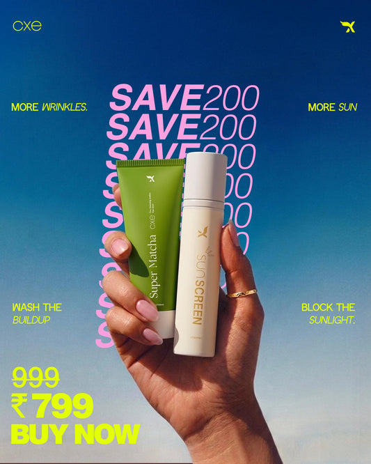 CXE Super Matcha and Sunscreen skincare bundle