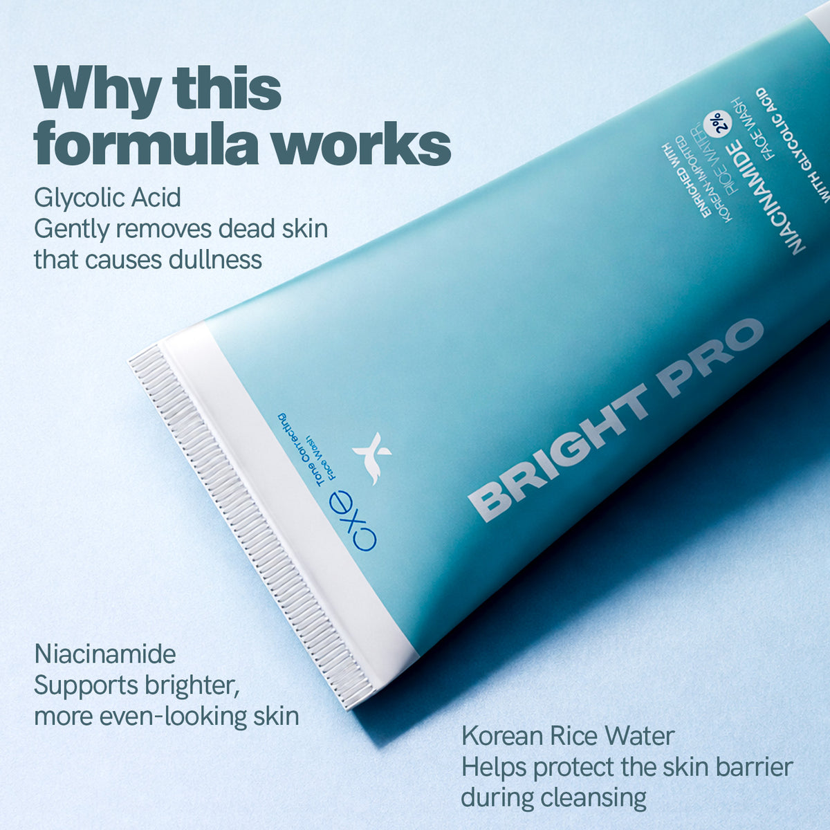 Cosmetic tube labeled 'BRIGHT PRO' with text about its formula on a light blue background