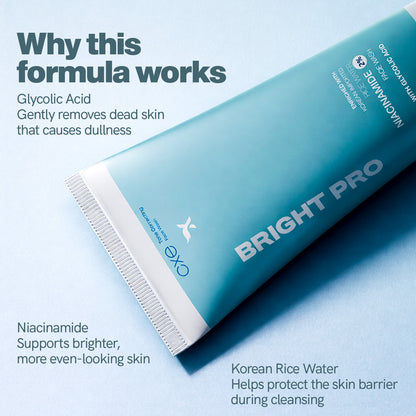 Cosmetic tube labeled 'BRIGHT PRO' with text about its formula on a light blue background