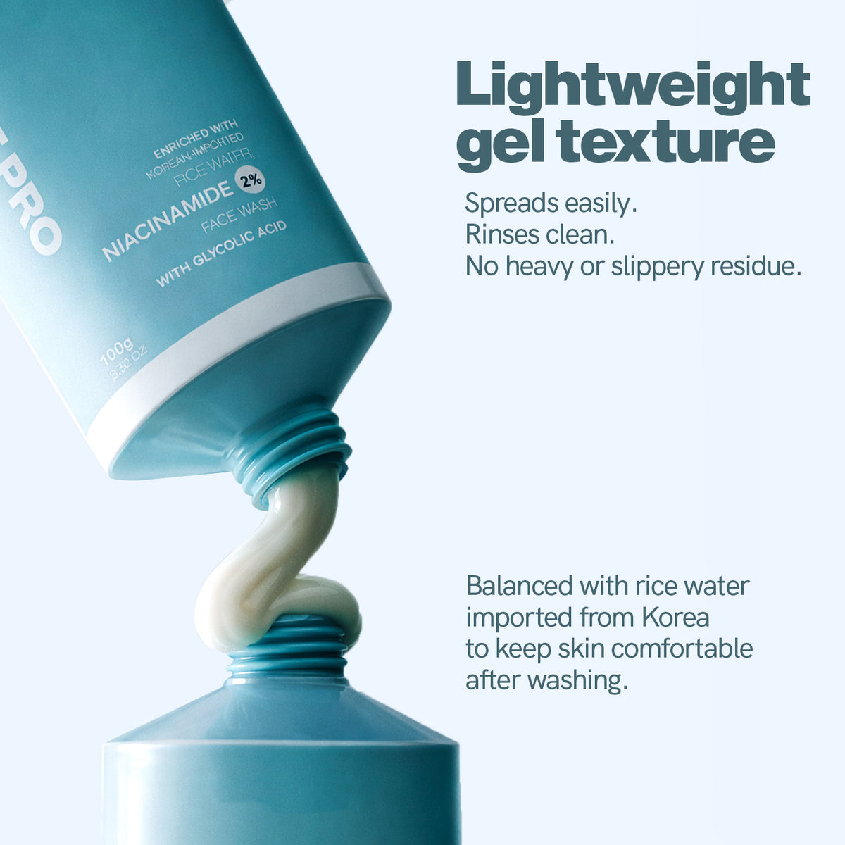 Blue skincare product with white gel texture being squeezed out on a light blue background