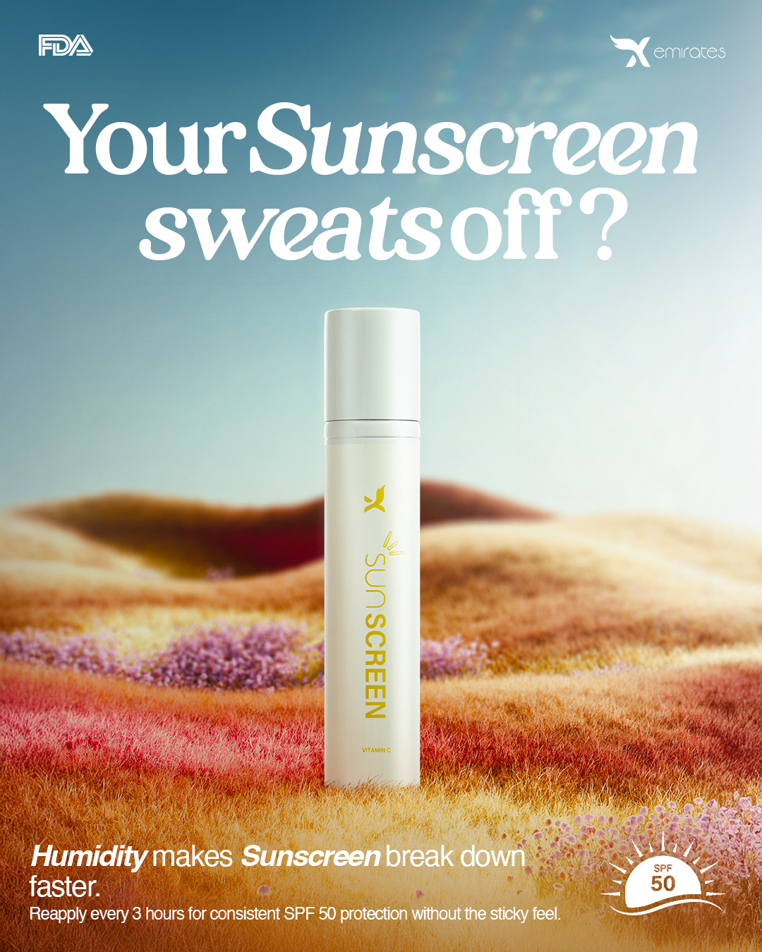 Sunscreen bottle with desert landscape and text about sunscreen performance