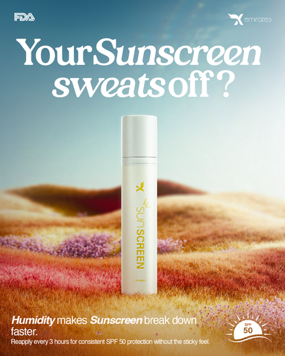 Sunscreen bottle with desert landscape and text about sunscreen performance