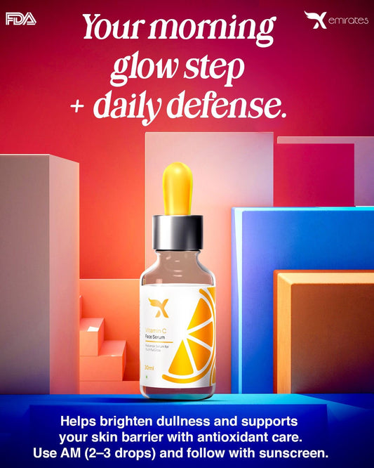 Bottle of skincare product with dropper on a colorful geometric background, featuring Emirates logo.